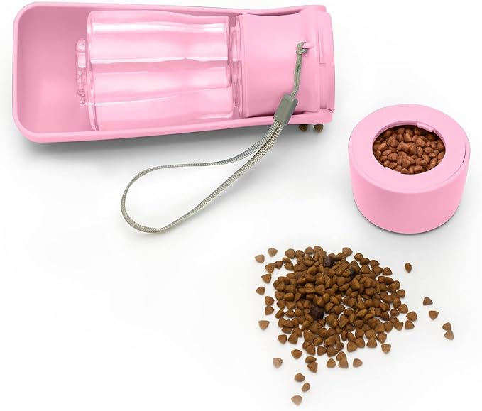 Dog Water Bottle with Food Container - Foldable Portable Puppy Travel Water Dispenser, Leak Proof Dog Water Bowl Summer Accessories for Pet Outdoor Walking Hiking (Pink)