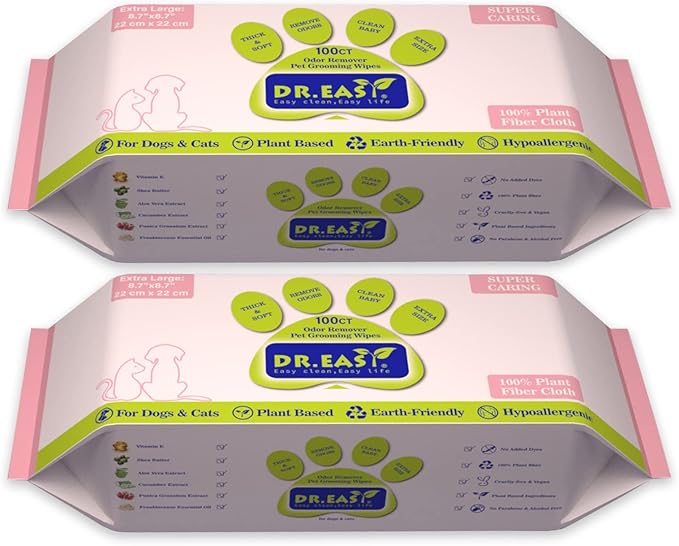 DR.EASY Super Caring 200ct Pet Wipes for Dogs and Cats,Unscented,Ears, Face, Butt, Body and Eye –Convenient, Nature,Home or Travel,Best Pet Supplies