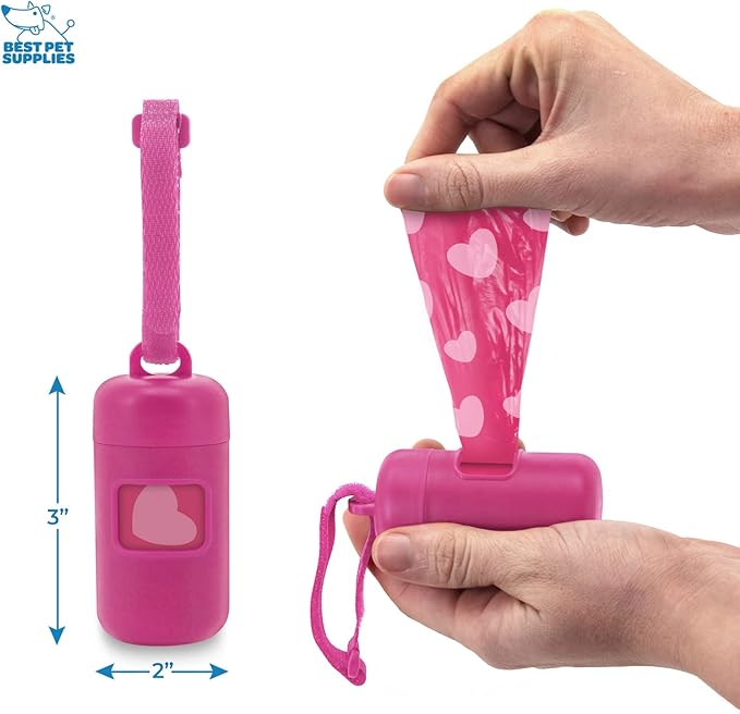 Best Pet Supplies Dog Poop Bag Holder Leash Attachment with 30 Bags, Reusable Dispenser for Travel, Walking, Park, and Outdoor Use, Durable with Clip-On - Fuchsia, Pack of 2