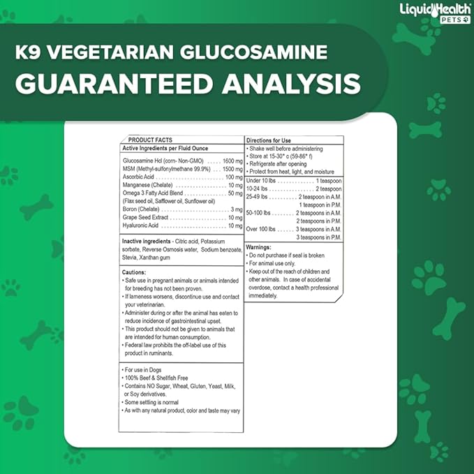 LIQUIDHEALTH 128 Oz K9 Vegetarian Liquid Glucosamine for All Dogs Canines - Chondroitin, MSM, Omega 3, Anti Oxidants Hyaluronic Acid – Joint Health, Dog Vitamins Hip Joint Juice, Joint Oil - 1 Gallon