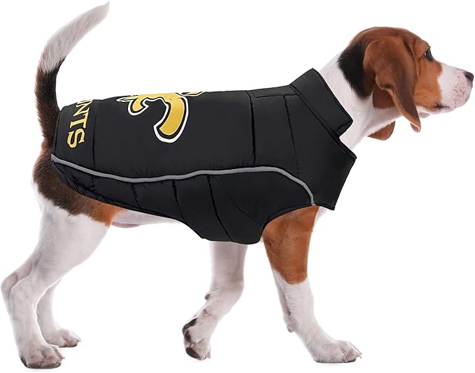 NFL New Orleans Saints Puffer Vest for Dogs & Cats, Size Large. Warm, Cozy, and Waterproof Dog Coat, for Small and Large Dogs/Cats. Best NFL Licensed PET Warming Sports Jacket