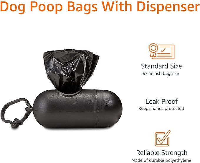 Amazon Basics Dog Poop Leak Proof Bags with Dispenser and Leash Clip, Unscented, 900 Count, 60 Pack of 15, Black, 13 Inch x 9 Inch