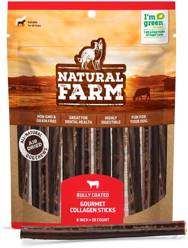 Natural Farm Odor-Free Bully Coated Gourmet Collagen Sticks (6 Inch, 10 Pack), Real Bully Beef Coated, 95% Natural Collagen, Supports Healthy Joints, Skin & Coat - Best for Small & Medium Dogs