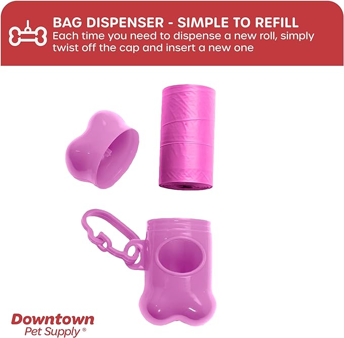 Downtown Pet Supply 220 Count Dog Poop Bags Refills with Leash Clip and Bone Bag Dispenser, Pink - Dog Waste Bags Unscented and Leak-Proof with Dog Poop Bag Dispenser - 12.5 x 8.5"