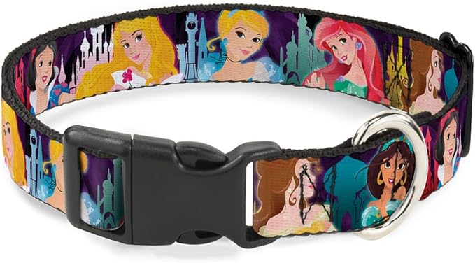 Buckle-Down Plastic Clip Collar - Disney Princess Poses/Castle Silhouettes Purples/Multi Color - 1" Wide - Fits 9-15" Neck - Small