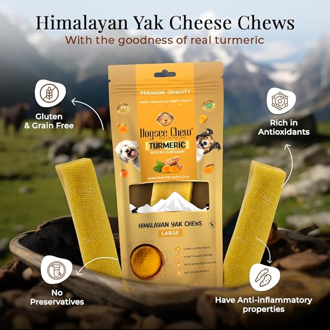 Dogsee Himalayan Yak Milk Dog Chews with Turmeric (Large - 1 Chew) | Help Alleviate Joint Pain | No Rawhide | Calming Dental Chews for Dogs