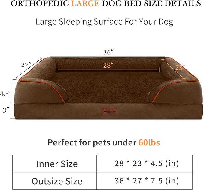 Large Dog Beds Orthopedic Foam, Waterproof Dog Beds for Large Dogs, Comfy Pet Bed Sofa with Washable Removable Cover & Non-Slip Bottom(Large,Chocolate Brown)
