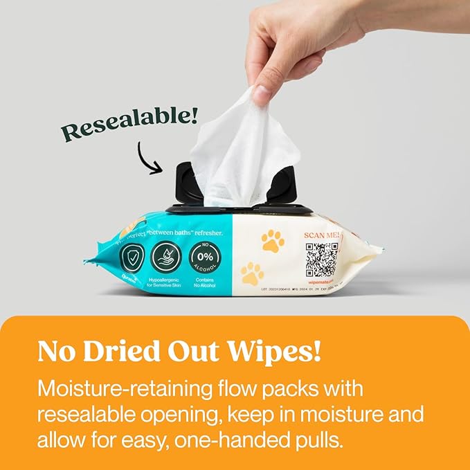 2-Pack Dog & Cat Pet Wipes, Cleans Pet Paws, Ears, Fur, Butt, & Anal Gland, No-Rinse Solution, Gentle, Deodorizing, Hypoallergenic - Unscented 100 ct