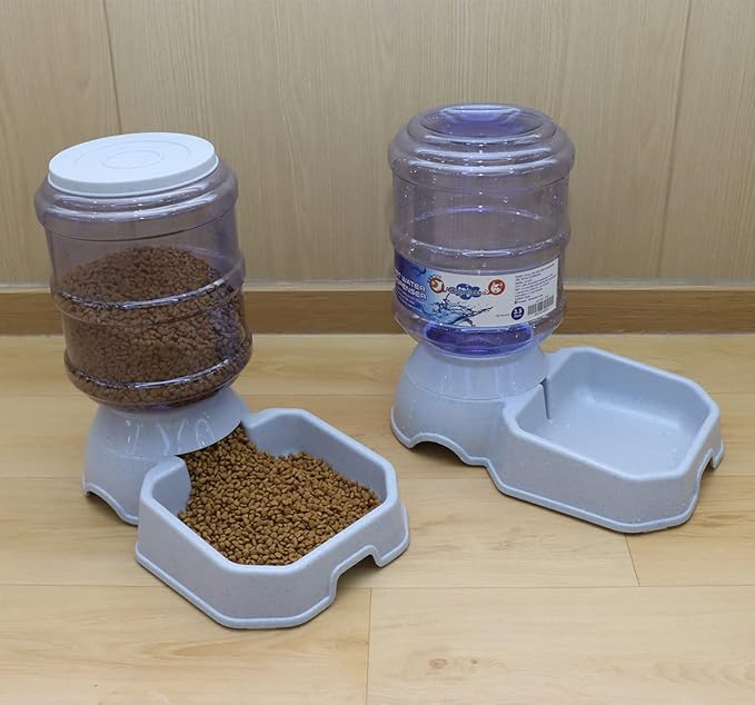 2 Pack Automatic Dog Cat Feeder and Water Dispenser ,Gravity Multi Pet Drinking Fountain , Set with Pet Food Bowl for Medium Dog Puppy Kitten, Big Capacity 1 Gallon x 2 (Waterer+Feeder)