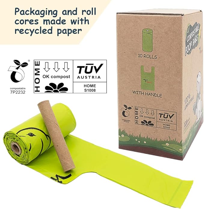 Ley's Compostable Dog Poop Bags, Plant-Based Biodegradable Doggie Waste Bags with Easy Tie Handles, Unscented, Vegetable-Based, Dog Bags Refill Rolls with Dispenser and Leash Clip