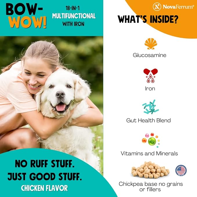 NovaFerrum Bow Wow | 18-in-1 Multifunctional with Iron Supplement for Dogs | Blood Support for Anemia | Glucosamine | Probiotics | Antioxidants | Chicken Flavor | 90 Chews