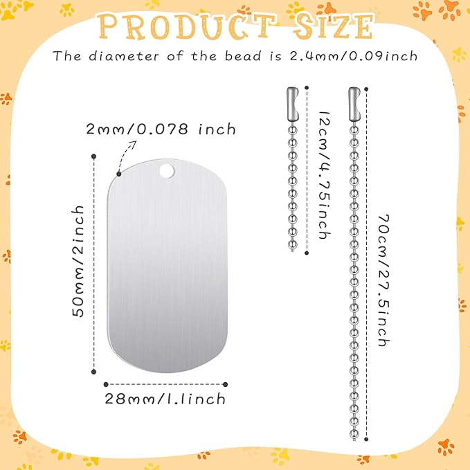 20 Pieces Military Dog Tags Set Including 10 Stainless Steel Army Blank Dog Tag 10 Steel Chain Personalized Pets Tags Oval Pendant Necklace for Stamping Engraving DIY Craft(Silver)