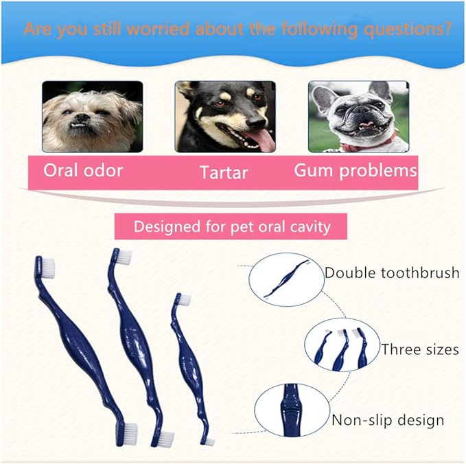 3Pcs Dog Tooth Brushing Kit Dog Toothbrush Pet Dental Oral Care Set Dog Tooth Brush Dual Headed Soft Tooth Cleaning Brushes withCurved Long Handle for Dogs Cats Pet Toothbrush (3 Sizes)