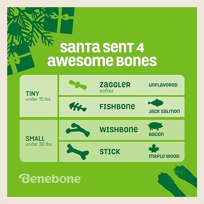 Benebone Puppy Holiday 4-Pack Dog Chew Toys, Made in USA, 30lbs and Under, for Modest Chewers, All Breed Sizes
