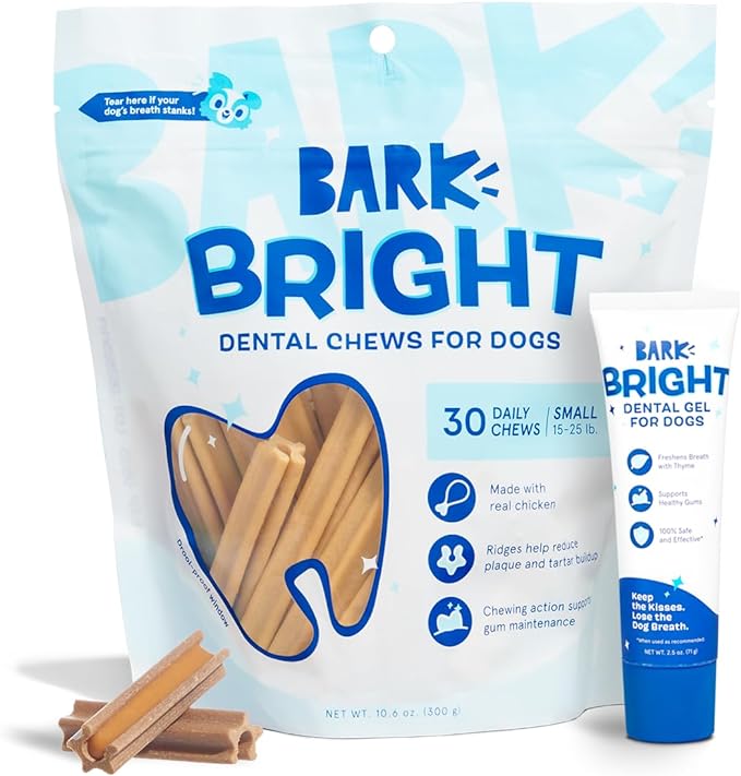 Bark Bright Original Dental Kit - Dog Tooth Brushing Treatment with Teeth Cleaning Chew Sticks & Toothpaste - Plaque & Tartar Remover for Cleaner Teeth & Fresh Breath - Small Breeds - 30 Chews