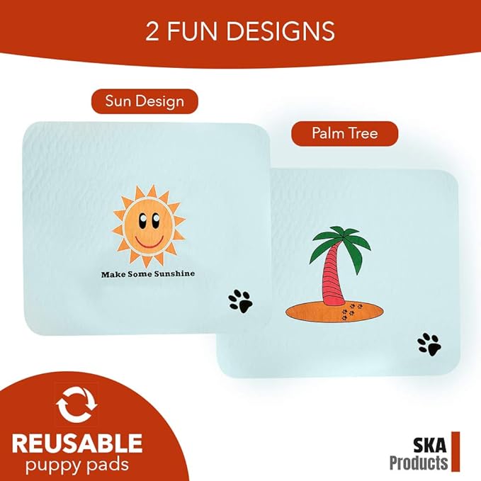 Cute Washable Puppy Pee Pads | 4 Pack Sun, Palm Tree Designs | Large Super Absorbent Wee Wee Potty Mats | Dog Housebreaking, Pet Crate Training | Multi-Purpose Reusable Eco-Friendly | Whelping