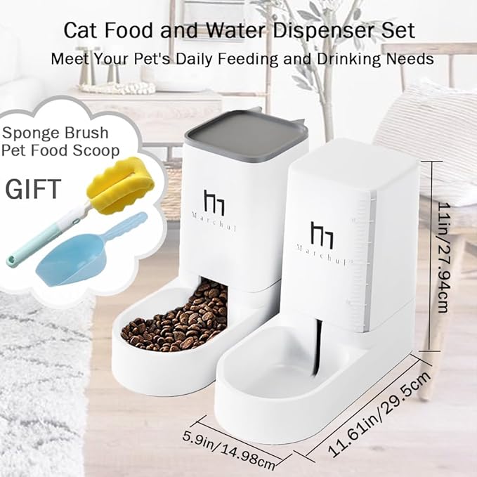 Marchul Cat Feeder and Water Dispenser Set, Automatic Cat Food Dispenser 4.63lb, Gravity Automatic Water Dispenser 1 Gallon, Cat and Dog Feeders with Pet Food Scoop Sponge Bottle Brush