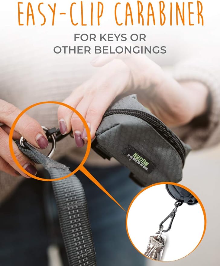 Mighty Paw Dog Poop Bag Holder - Zippered Pouch with Carabiner Hook - Includes Roll of Pick-up Bags - Pet Bag Holder - Poop Bag Dispenser - Dog Bags Traveling - Dog Waste Bag Holder - (Grey/Green)