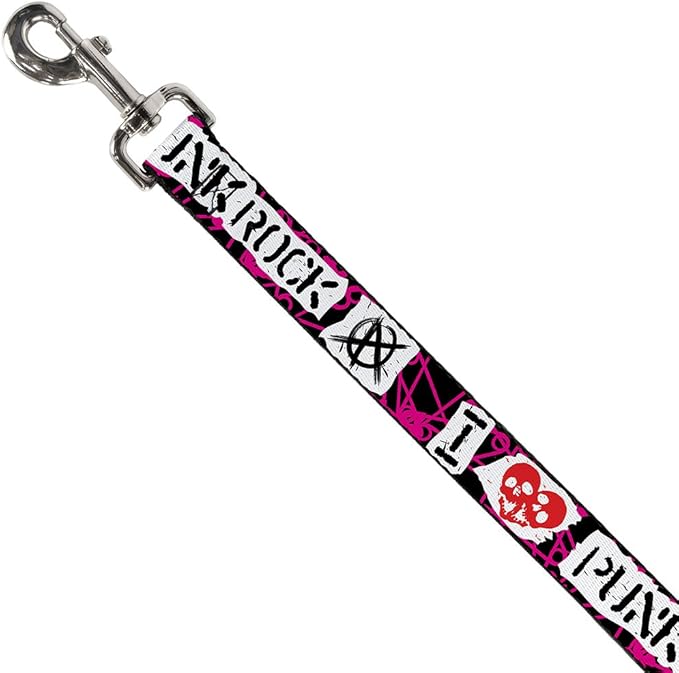 Dog Leash I Heart Punk Rock Safety Pins Black Fuchsia White 4 Feet Long 0.5 Inch Wide