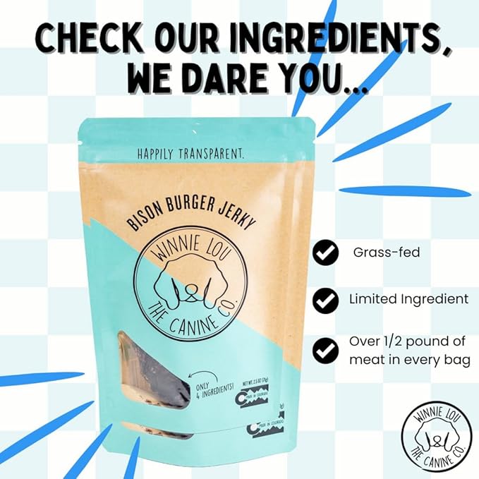 Winnie Lou Organic Dog Treats, Bison Burger Jerky Human Grade Dog Treats for All Sized Breeds, All Natural Dog Treats with No-Added Sugar, Glycerin & Preservatives, Made in USA, 2.5 Oz (71g), 2 Pack