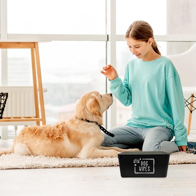 Woof Woof Dog Wipes Dispenser,Upgarde Size(8.2L x 4.9W x 3.9H inches),Dog Paw Butt Wipes Container Storage Box Pet Doggie Grooming Wet Wipes Holder (Dog Wipes(Black))