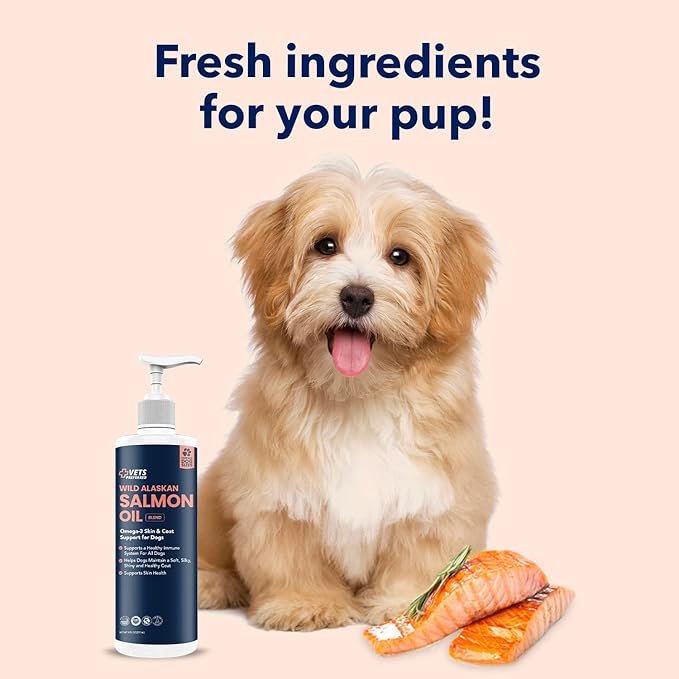 Vets Preferred Wild Alaskan Salmon Oil for Dogs – Skin and Coat - Premium Omega 3 Fish Oil for Healthy Dog Coat – Immune Support and Heart Health – All Natural – Rich in EPA and DHA