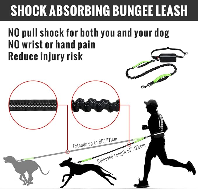Plutus Pet Hands Free Dog Leash, Soft Padded Dual Handle Retractable Bungee Leash with Reflective Stitches, Adjustable Wasit Leash for Dog Walking Running Jogging, for Medium Large Dogs