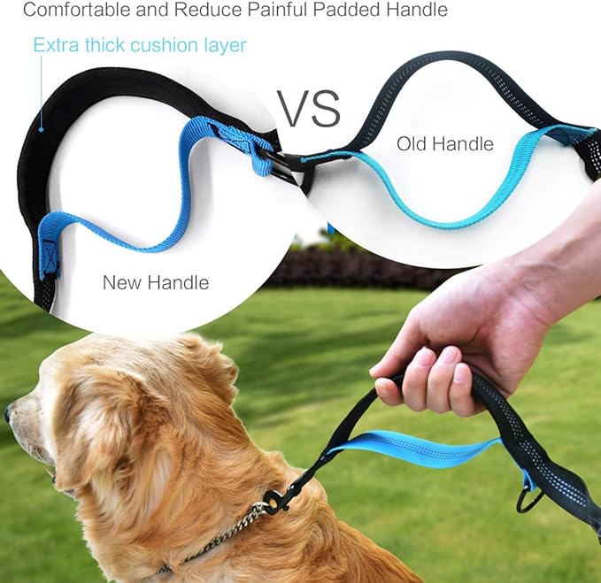 Hands Free Dog Running Leash with Adjustable Waist Belt, Dual Handle Elastic Bungees Retractable Rope for Medium and Large Dogs, Reflective Stitches for Walking Hiking Biking