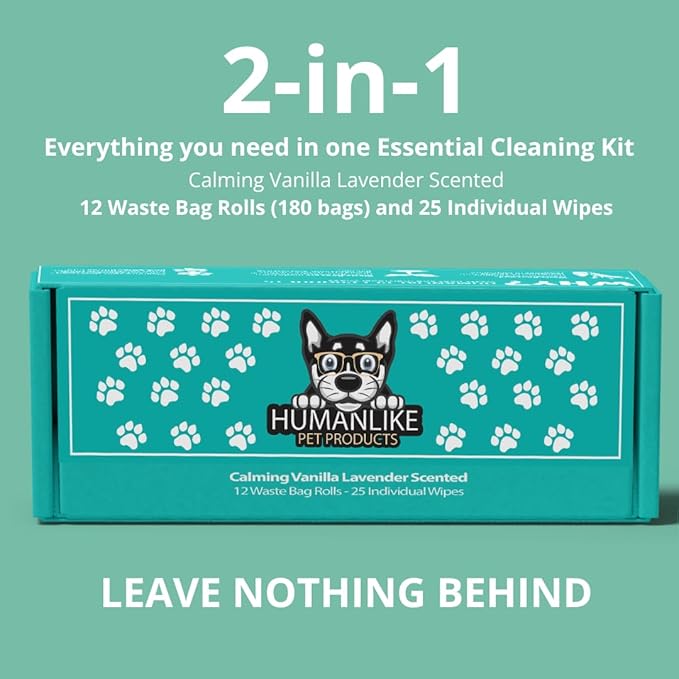 Vanilla Lavender Scent 180 Dog Poop Bags Rolls (12 rolls) & 25 Individual Pet Wipes - 2 in 1 Calming Cleaning Kit for Pet Owners, Cat Litter, Dog Leash, Pet Supplies, Puppy Pads.