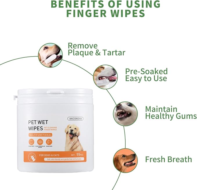 Pet Teeth Disposable Gentle Cleaning Wipes Multifunctional, Finger Toothbrush for Dogs & Cats Bad Breath Eliminator Removing Plaque & Tartar Buildup No-Rinse Gum Care Pet Wipes 55