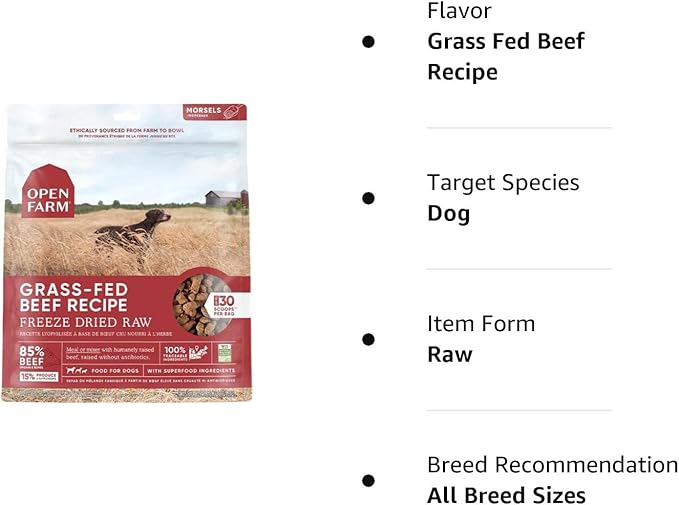 Open Farm Freeze Dried Raw Dog Food, Humanely Raised Meat Recipe with Non-GMO Superfoods and No Artificial Flavors or Preservatives (22 Ounce (Pack of 1), Grass Fed Beef Recipe)
