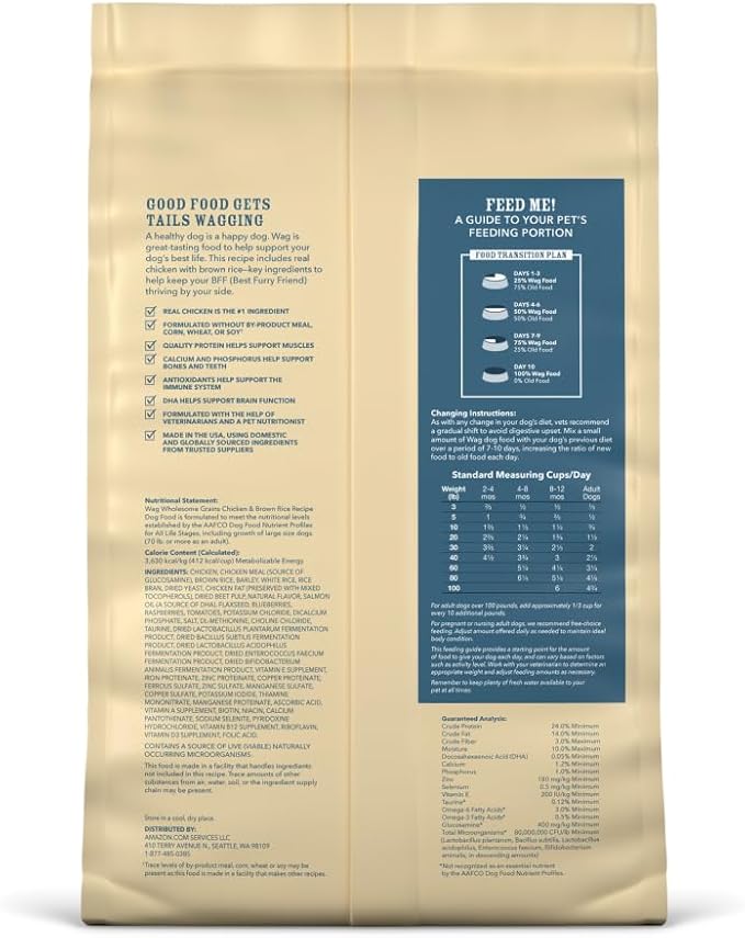 Amazon Brand – Wag Dry Dog Food, Chicken and Brown Rice, 5 lb Bag (Pack of 1)