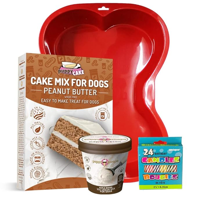 Puppy Cake Cake and Ice Cream All Natural Fluffy & Moist Dog Birthday Cake Kit in with Peanut Butter, Your Choice of Ice Cream Mix, Bone Silicone Pan and 24 Candles (Bacon) Made in USA