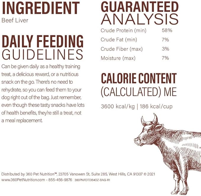 360 Pet Nutrition Freeze Dried Beef Liver Raw Single Ingredient Treats, Made in The USA, 4 Ounce (Beef Liver)