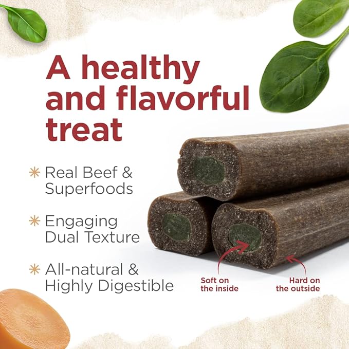 Natural Farm Natbones Superfood, All Natural Beef Flavor Dog Treats (12 Pack) - Chewy Beef Protein Treat Carrots, Green Peas, Spinach & Flaxseed, Natural Soup Bone, Engaging Dual Texture