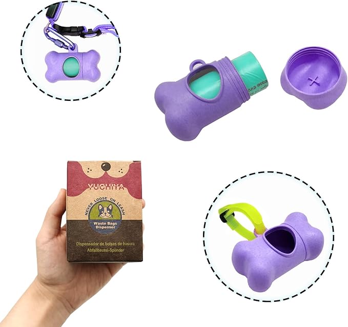 Dog Poop Bags Holder Dispenser with Leak-Proof Scented Doggy Waste Bags and Carabiner Plus Hook and Loop Fastener Never Loose on Leash Lead Again (Purple, 1 Holder 195 Bags)