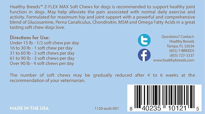Healthy Breeds Australian Shepherd Z-Flex Max Hip and Joint Soft Chews 50 Count