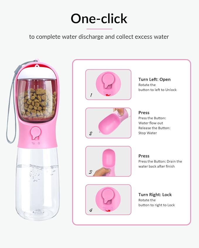 Dog Water Bottle, 2 in 1, Leak Proof Portable Pet Water Bottle with Food Container, Outdoor Portable Water Dispenser for Dog, Puppy Supply for Walking, Hiking, Camping, Travel (19oz Pink)