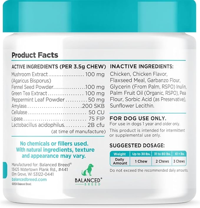 Balanced Breed Dog Probiotics Digestive Health Odor Control Made In USA Non-GMO Vet-Pharmacist Approved Dog Probiotic Chews Anti-diarrhea Dog Gut Health Pet Probiotics Dogs Itchy Skin Yeast Supplement