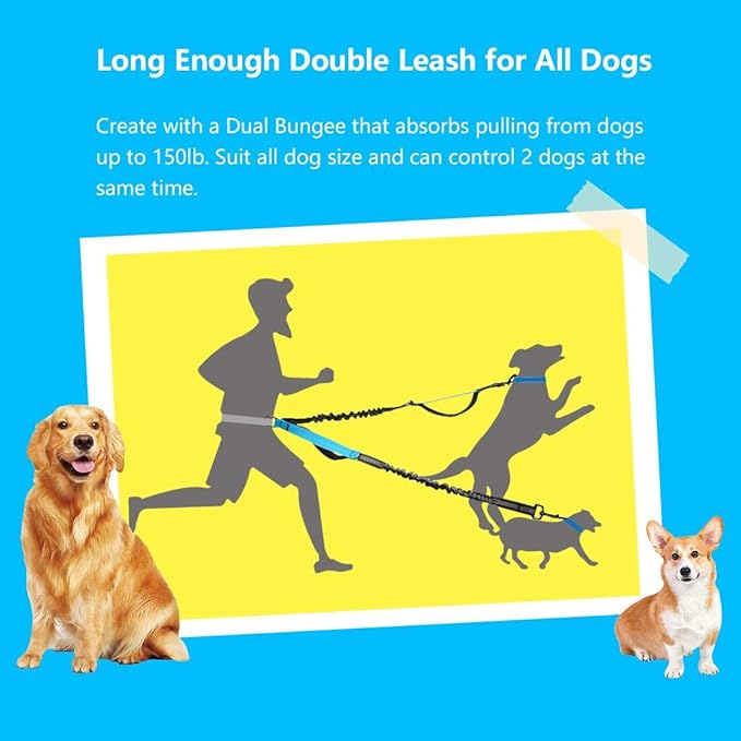 Hands Free Dog Running Leash with Adjustable Waist Belt, Dual Handle Elastic Bungees Retractable Rope for Medium and Large Dogs, Reflective Stitches for Walking Hiking Biking