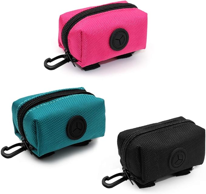 SLOSN 3 Pack Pet Waste Bag Dispenser Dog Poop Bag Holder with Zippered Portable Dog Poop Bag Holder with Hook for Leash,Great Accessory for Walking, Running with Dog (RoseRed Green Black)