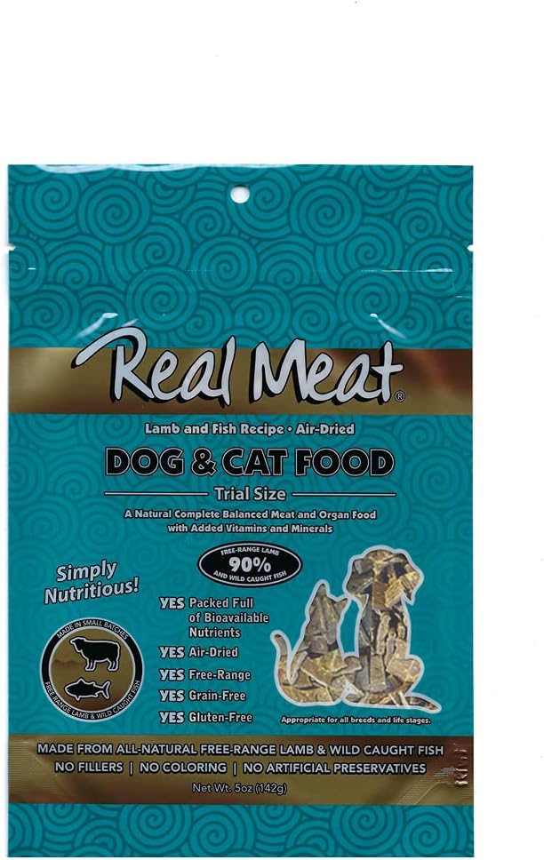 Real Meat Air Dried Cat Food & Dog Food w/ Real Lamb & Fish - 5oz of USA-Crafted Grain-Free Dry Dog & Cat Food Sourced from Free-Range Lamb & Ocean-Caught Fish - All Natural, High Protein Pet Food