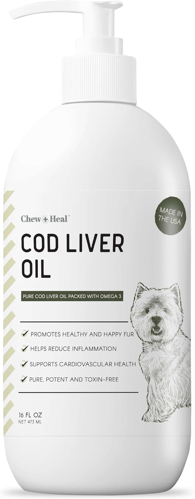 Pure Cod Liver Oil for Dogs - 16 oz - Contains Omega 3, Omega 6, Vitamin A, and Vitamin D to Reduce Itching and Promote Skin and Coat, Heart, Joint, and Immune Health - Pump Cap Bottle