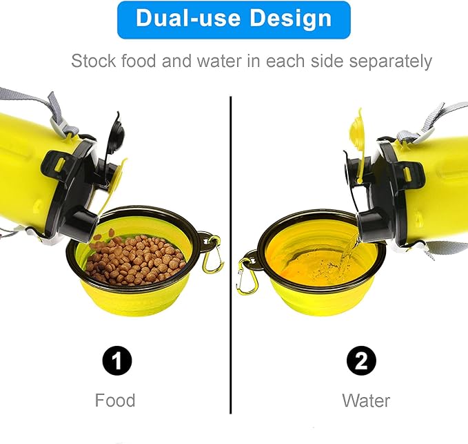 Dog Travel Water Bottle Collapsible Bowls, 2 in 1 Pet Food Container with Collapse Bowls, Outdoor Portable Water Bowls for Walking, Traveling, Camping and Hiking (Yellow)