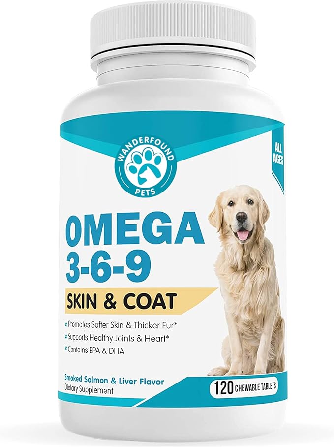 Wanderfound Pets - Omega 3 for Dogs, Skin and Coat Fish Oil for Dogs, Dog Itch Relief, Joint and Heart Health, Chewable Vitamins for Dogs Fur and Skin, Smoked Salmon and Liver Flavor, 120 Tablets