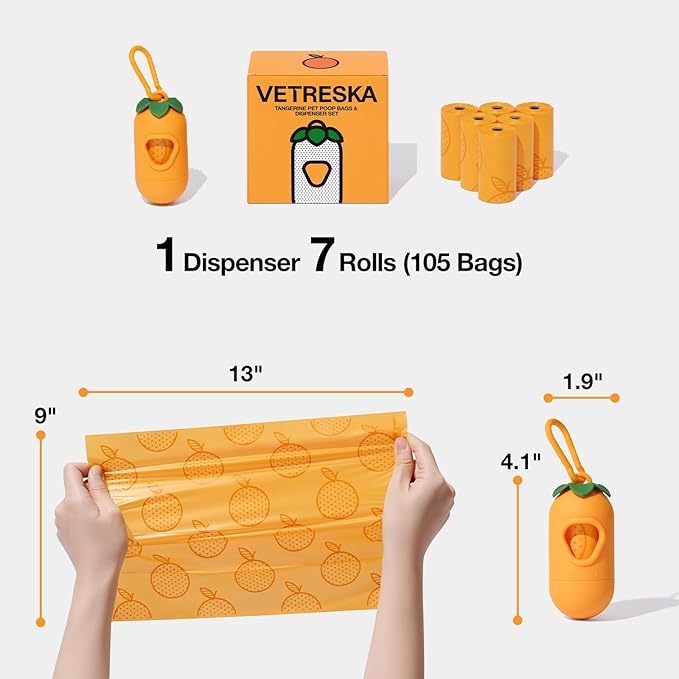 VETRESKA Dog Poop Bags Dispenser with Citrus Scented Waste Bags, Leak Proof, Extra Thick and Large Pet Poop Bags for Walking Dog, Cats Litter and Babies' Diaper 1 Count Holder and 105 Bags, Orange