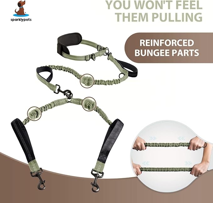 SparklyPets Hands Free Double Dog Leash – Dual Dog Leash for Medium and Large Dogs – Dog Leash for 2 Dogs with Padded Handles, Reflective Stitches, No Pull, Tangle Free (Green Range, for 2 Dogs)