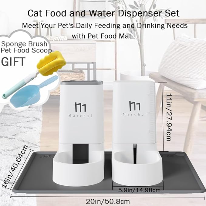 Marchul Cat Feeder and Water Dispenser Set with Silicone Mat, Automatic Cat Feeder 4.63lb, Gravity Automatic Water Dispenser 1 Gallon, Cat and Dog Feeders with Pet Food Scoop Sponge Bottle Brush