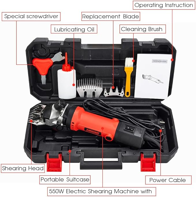 Sheep Shears Electric 550W - Upgraded Professional Sheep Clippers One Blade, 6 Speed Heavy Duty Livestock Haircut for Grooming Sheep Goats Large Dog Thick Coats Animals No Lubricant(Red)