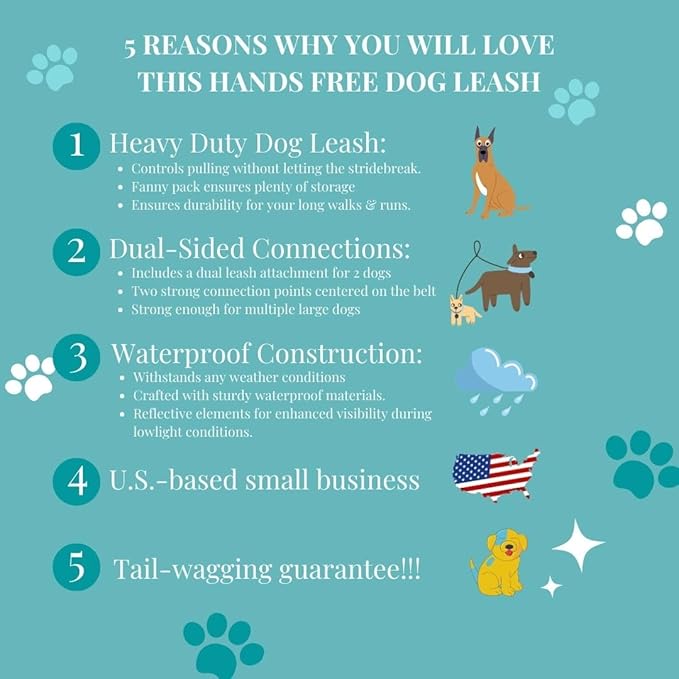 Hands Free Dog Leash - Hands Free Dog Leash for Large Dogs w/Water Bottle - Waterproof Waist Leash for Dog Walking 2 Dogs - Reflective Running Leash for Dogs- No Hands Dog Leash Waist Belt
